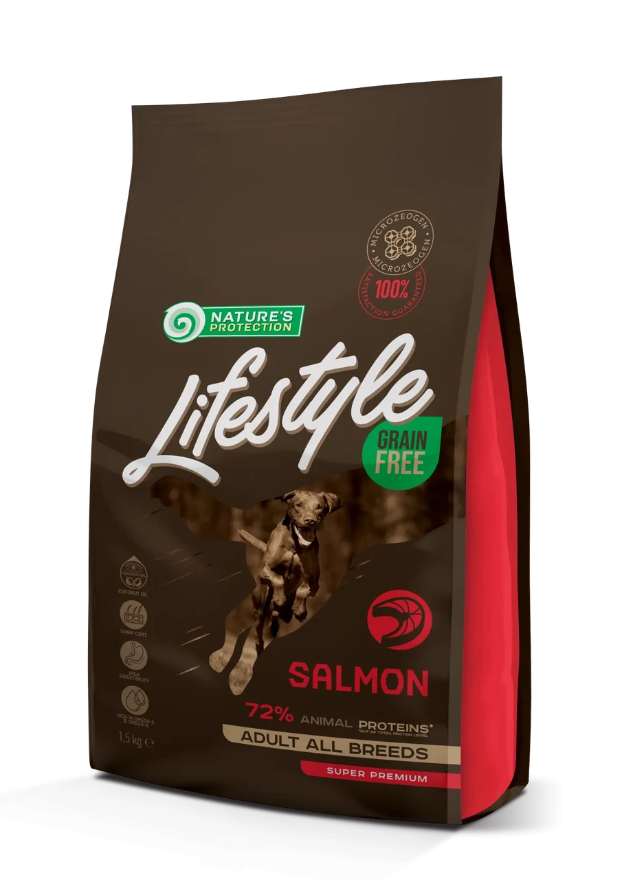 Сухий беззерновий корм для дорослих собак усіх порід Lifestyle Grain White Nature’s Protection 1.5 кг (лосось)