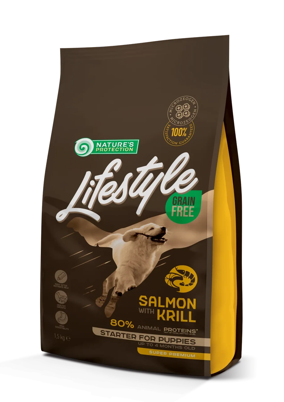 Сухий беззерновий корм для цуценят всіх порід Lifestyle Grain Nature's Protection 1.5 кг (лосось і криль)