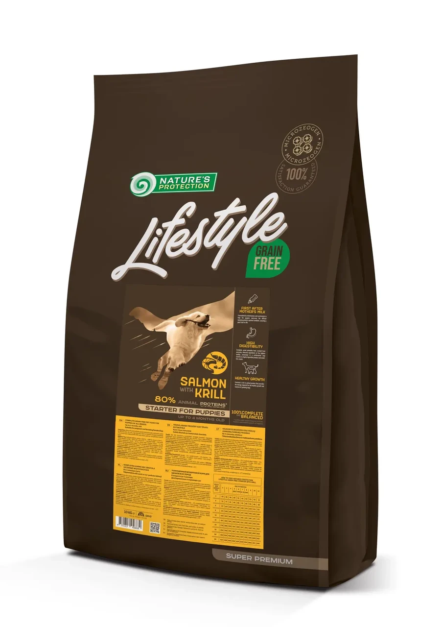Сухий беззерновий корм для цуценят всіх порід Lifestyle Grain Nature's Protection 10 кг (лосось і криль)