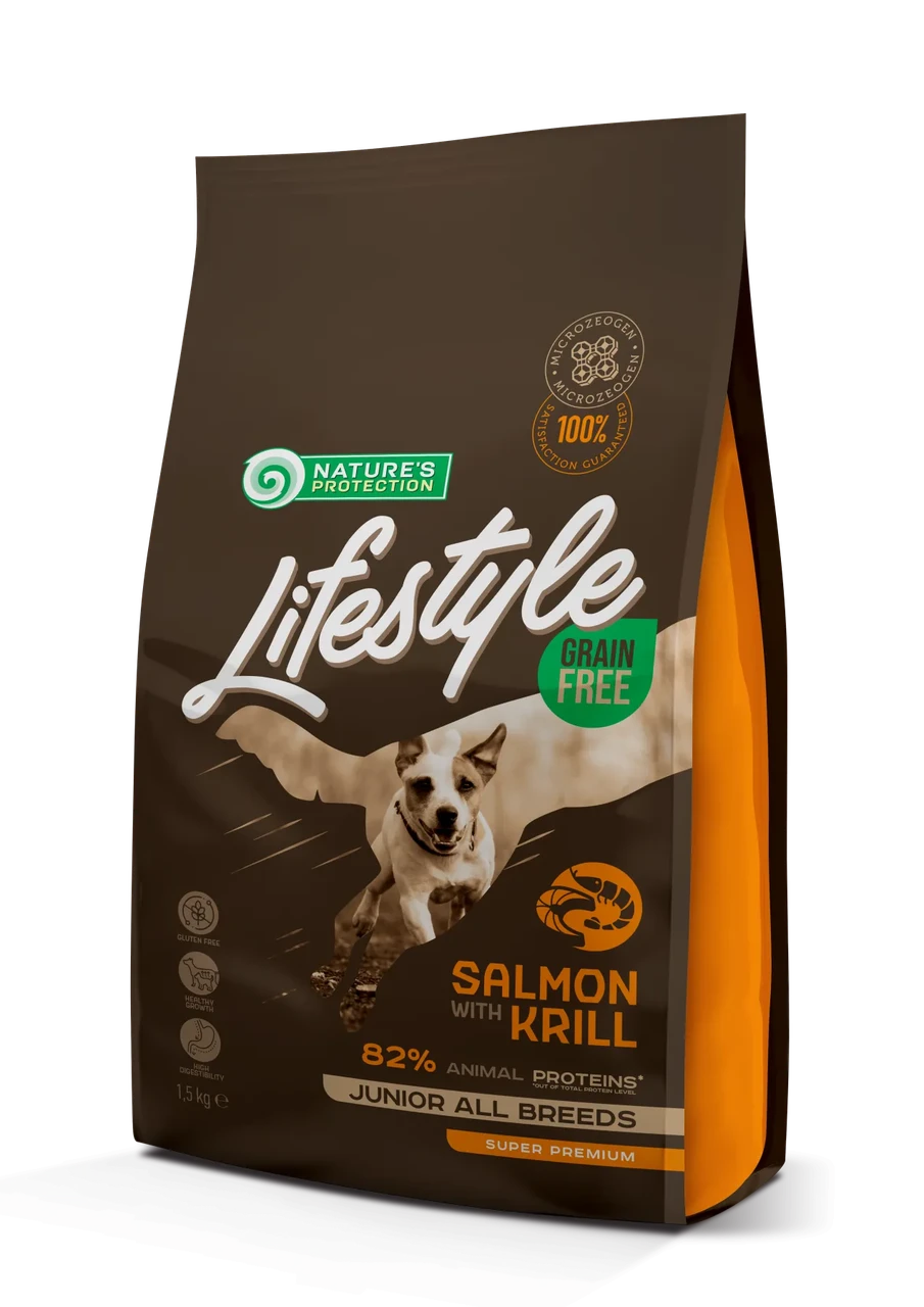 Сухий беззерновий корм для юніорів усіх порід Lifestyle Grain Free Salmon 1.5 кг (лосось і криль)