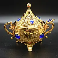 Турецкая сахарница Acar с ложкой цвет золотистый (синий камень)