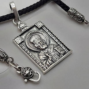 Комплект чорнена срібна підвіска Микола Чудотворець з шовковим шнурком зі сріблом 925 проби