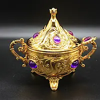 Турецкая сахарница с ложкой цвет золотистый (фиолетовый камень)
