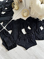 Велюровий комплект четвірка: шорти, майка, штани і кофта S чорний