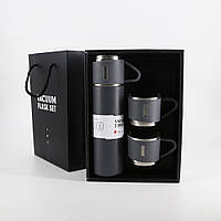 Термос із чашками сірий 500 мл із вакуумною ізоляцією Набір подарунковий бокс для напоїв з термосом та 3 кружки