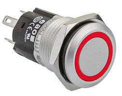 Кнопка металева без фіксації, монтаж Ø16 мм, під fast-on, IP65, з червоною підсвіткою  24 VAC/DC