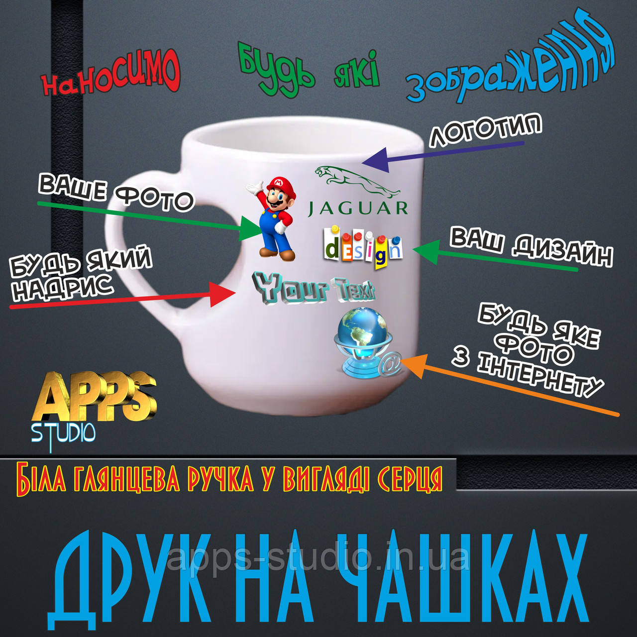 Фото на чашці (ручка у вигляді серця)