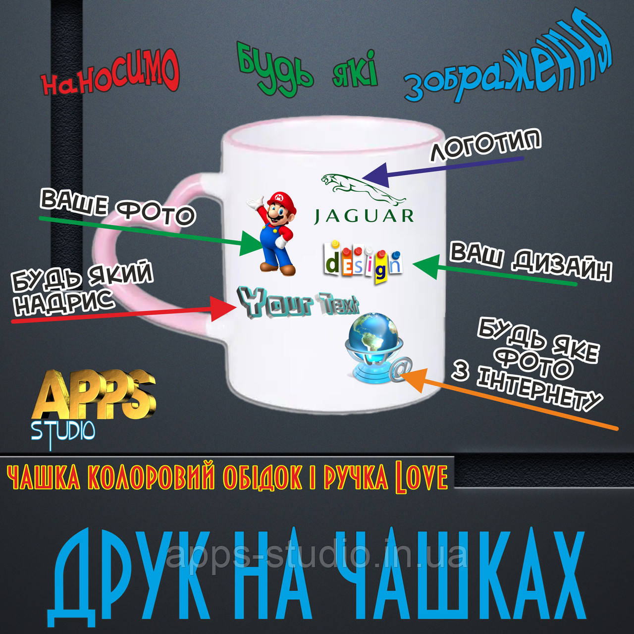 Фото на чашці (love) (кольоровий обідок і ручка)