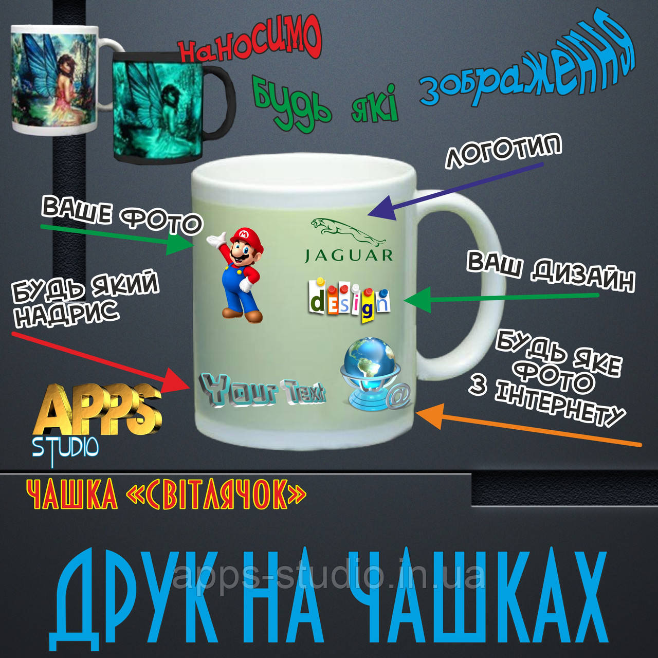 Фото на чашці (флоуресцентна "світлячок")