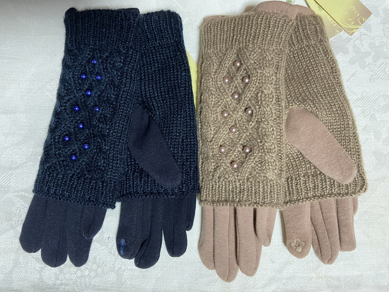 Жіночі комплекти рукавичка + рукавиця сенсор для телефона.бежевий і синій