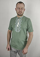 Футболка вишиванка темна оливка вишита білим орнаментом