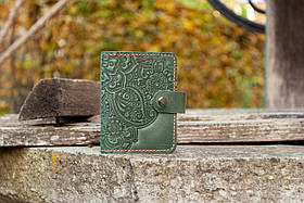Візитниця шкіряна жіноча зелена з тисненням Квітковий сад | Шкіряний картхолдер