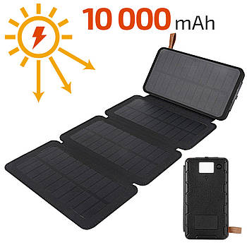 Сонячний зарядний пристрій з 4 панелями + павербанк 10000 мАг + ліхтарик, портативна сонячна батарея