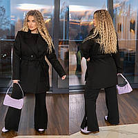 Черное кашемировое пальто на подкладке с поясом и накладными карманами батал с 48 по 58 размер