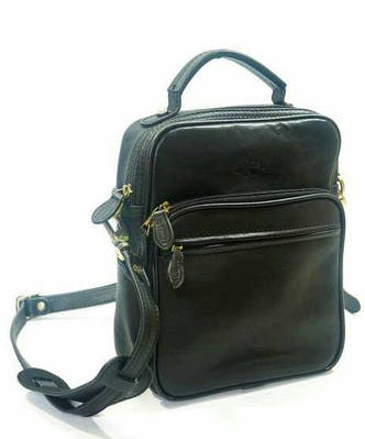 Сумка шкіряна чоловіча стильна ділова з ременем через плече міська зручна чорна