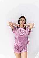 Женская пижама плюшевая велюровая стильная удобная футболка шорты Розовый