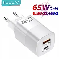 Сетевое зарядное KUULAA GaN 65W PD 3.0 Type-C+USB White Умное зарядное устройство для ноутбуков и смартфонов