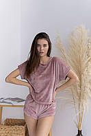 Женская пижама плюшевая велюровая стильная удобная футболка шорты Розовая пудра