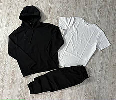 Демісезонний базовий спортивний костюм чорний худі + штани (двонитка) + Футболка базова однотонна біла