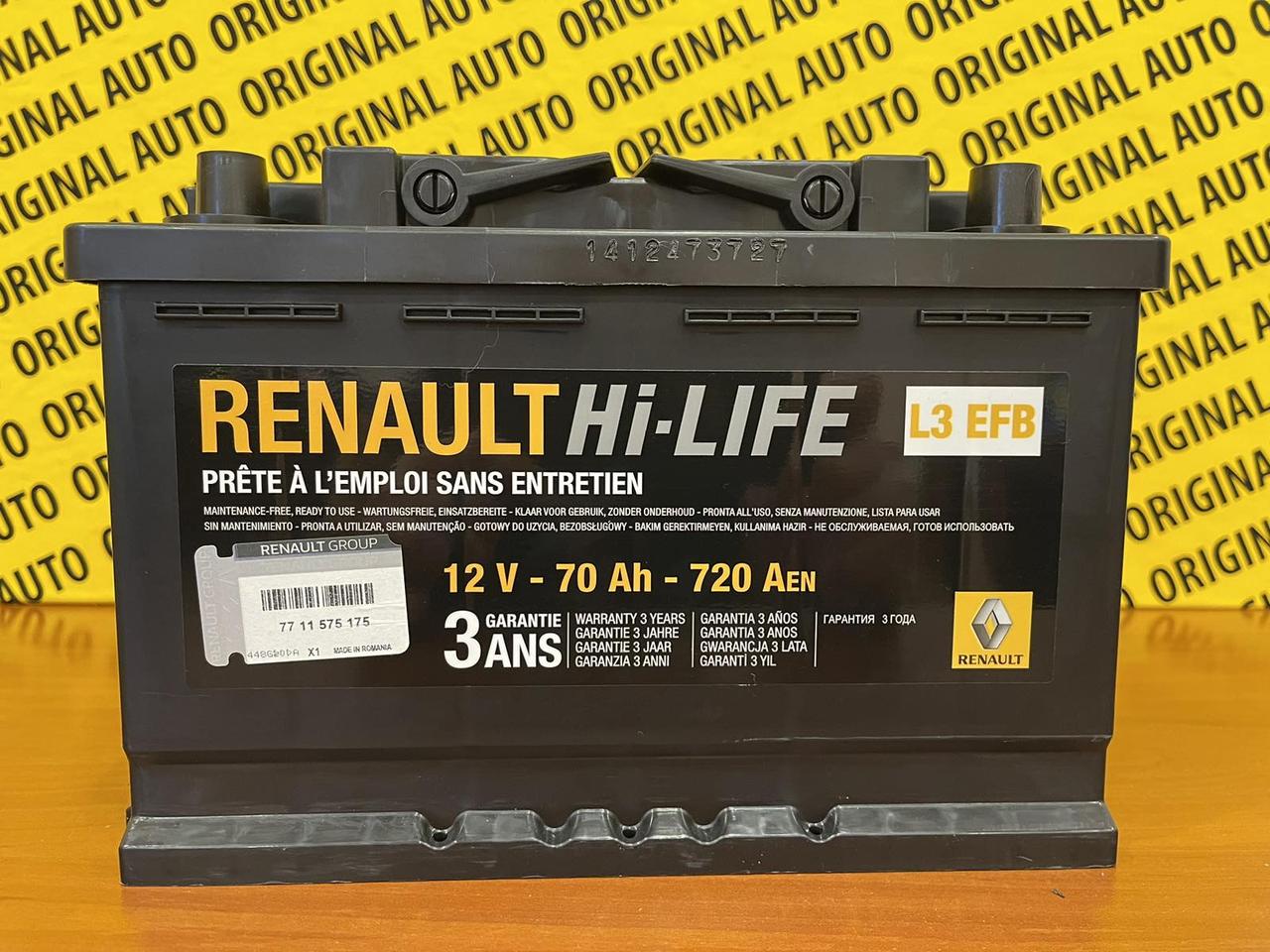 Акумуляторна батарея Renault Original Start-Stop EFB 12В 70Ач 720А(EN) R+ 7711575175