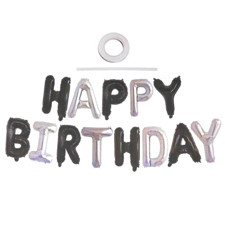 Фольговані кулі букви "Happy Birthday".Кольор: Срибло/Чорний. Розмір: 16" (40 см)