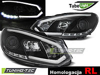 Передние фары Volkswagen Golf 6 (2008-2013) чёрные TUBE LIGHT DRL (ЦЕНА ЗА ПАРУ)