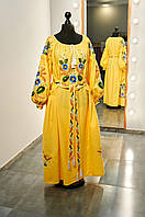 Платье женское с длинным рукавом - реглан, вышивка - авторская гладь, Оникс, цвет - жолтый.