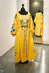 Сукня жіноча з довгим рукавом - реглан, вишивка - авторська гладь, Онікс, колір - жовтий.