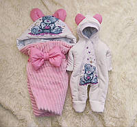 Плюшевий зимовий комплект одягу для новонароджених, рожевий принт Ведмедик