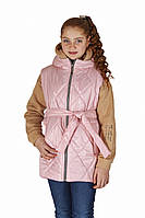 Жилетка на підліткову дівчинку з поясом демісезонна весна-осінь пудрова 140-164р