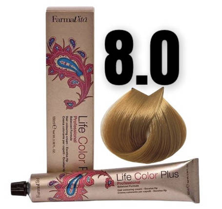 Стійка крем-фарба Farmavita Life Color Plus 8.0 Світлий блондин 100 мл, фото 1