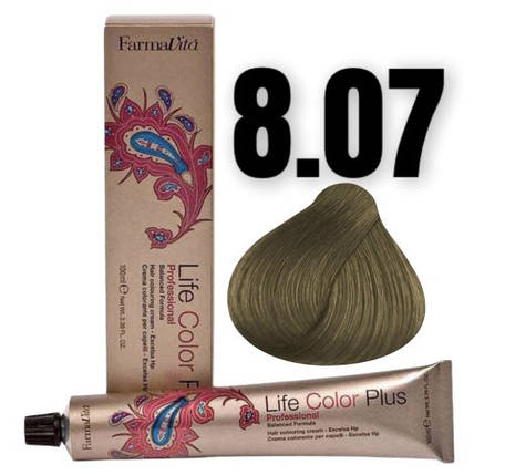 Стійка крем-фарба Farmavita Life Color Plus 8.07 Xoлoдний світлий блондин 100 мл, фото 1
