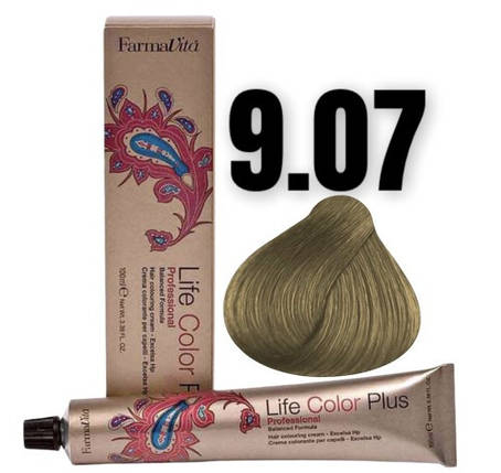 Стійка крем-фарба Farmavita Life Color Plus 9.07 Холодний дуже світлий блондин 100 мл, фото 1