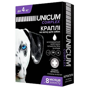 Краплі Unicum Complex Premium від гельмінтів, бліх і кліщів для собак 0-4 кг (1піп)