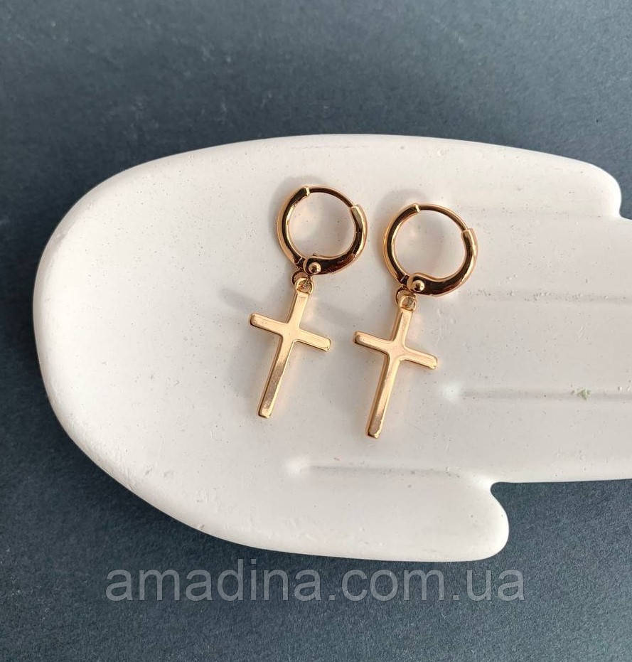 Сережки хрестики медичне золото, сережки з хрестами медсплав xuping, фото 1