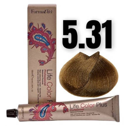 Стійка крем-фарба Farmavita Life Color Plus 5.31 Світло-каштaнoвий золoтиcто-попелястий 100 мл, фото 1