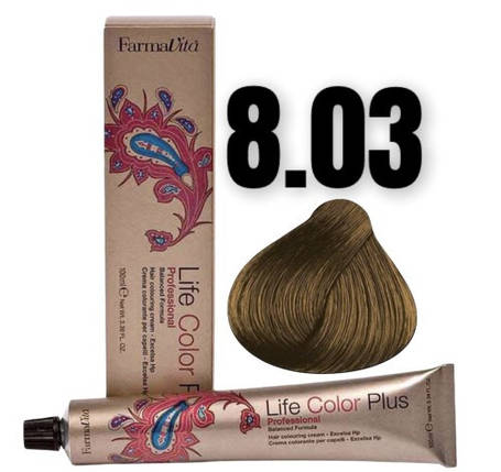 Стійка крем-фарба Farmavita Life Color Plus 8.03 Теплий світлий блондин 100 мл, фото 1