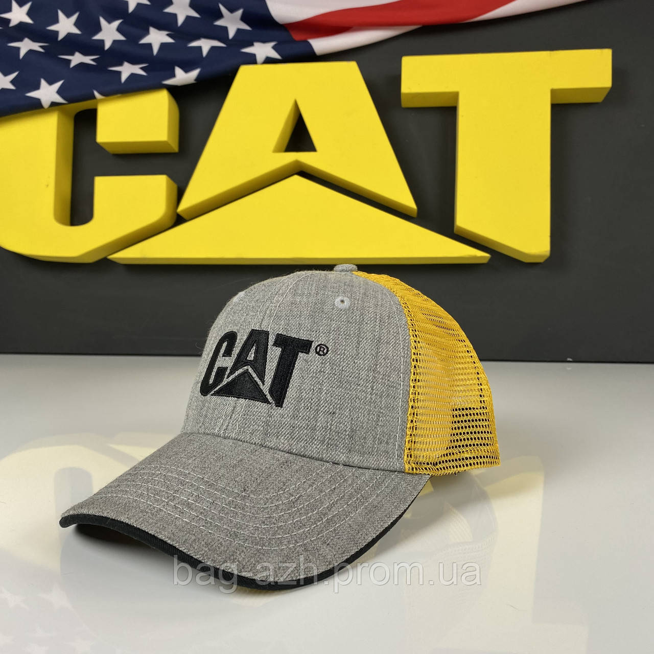 Бейсболка CAT Grey Wool/Yellow Mesh Cap CT2548