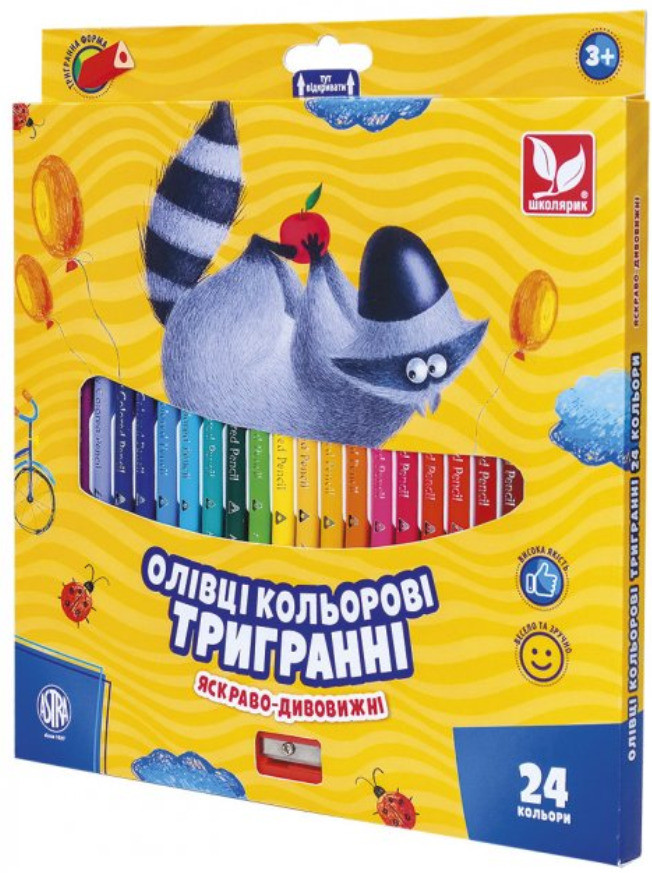 Олівці кольорові тригранні Школярик 24 кольори з чинкою