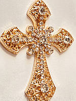 Хрестик декоративний зі стразами золото 5*7 см для церковного вдягання, одягу, виробів, прикрашені