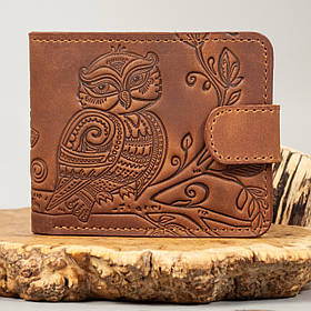 Жіночий шкіряний гаманець світло-коричневий з тисненням Сова