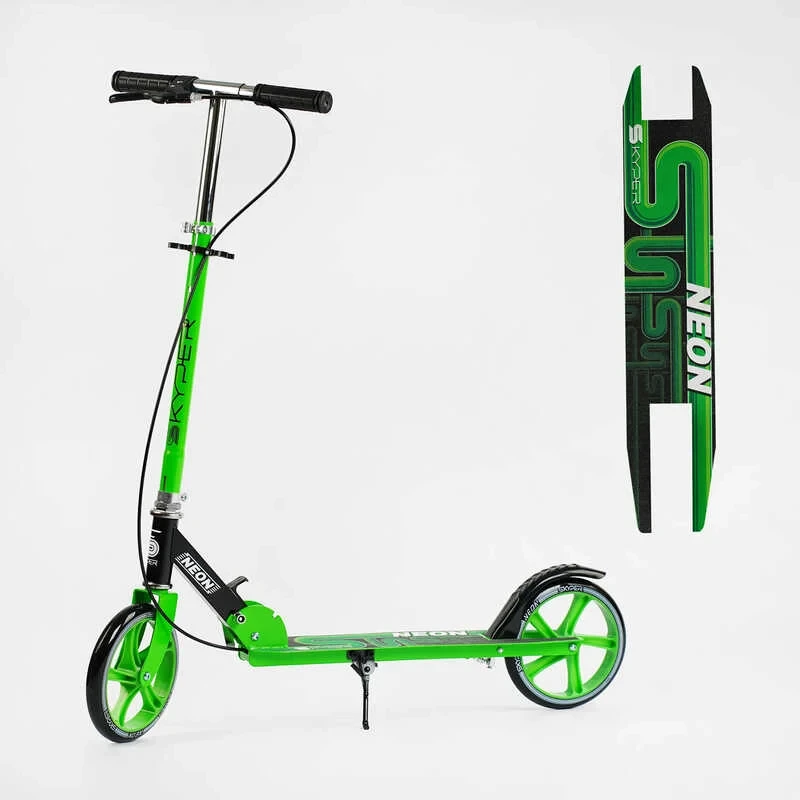 Самокат двоколісний дитячий Skyper Neon N-36719 Зелений, з ручним гальмом, колесами PU-200 мм, до 70 кг, фото 1