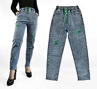 Джинсы МОМ на резинке Женские стильные джинсы с потертостями размеры Зеленая изнанка, 25 размер