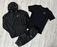 Демісезонний спортивний костюм Nike чорний худі + штани (двонитка) + Футболка чорна Nike