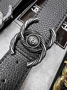 Стильний шкіряний жіночий ремінь на пояс Сhanel чорний 4см Шанель