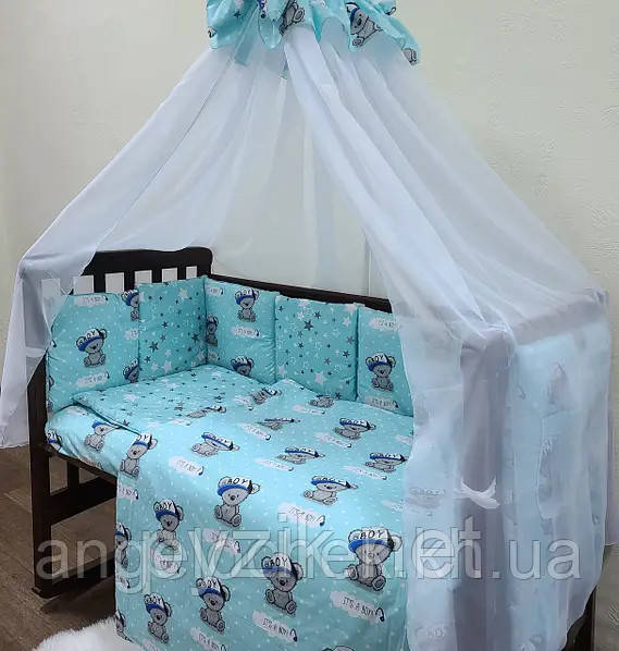 Постільний набір у дитяче ліжечко (9 предметів) з бортиками-подушками, колір на вибір