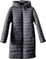 Темная зимняя женская длинная куртка с капюшоном длины по колено размер 58