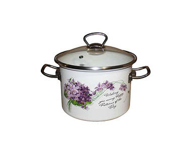 Каструля емальована 5,5л циліндрична з н/ж фурнітурою та скляною кришкою Віола (біла) I83117 ТМ IDILIA FG