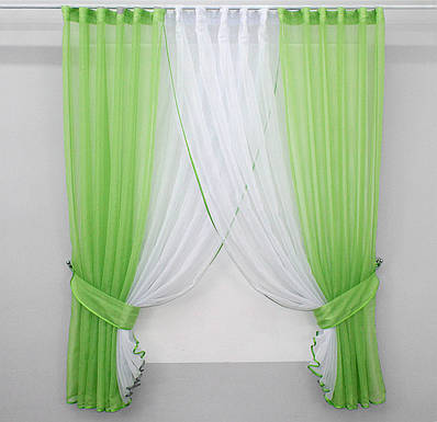 Кухонні шторки (400х170см.) з підв'язками. Колір салатовий з білим. Код 096к 50-846
