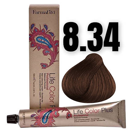 Стійка крем-фарба Farmavita Life Color Plus 8.34 Світлий блондин золотисто-мідний 100 мл, фото 1